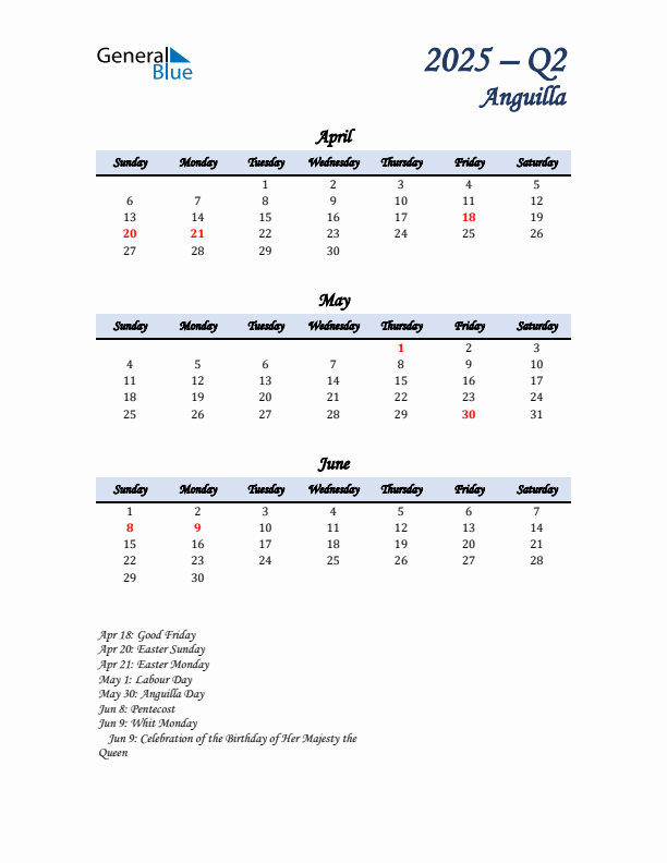 April, May, and June Calendar for Anguilla with Sunday Start