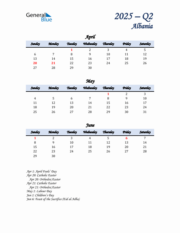 April, May, and June Calendar for Albania with Sunday Start