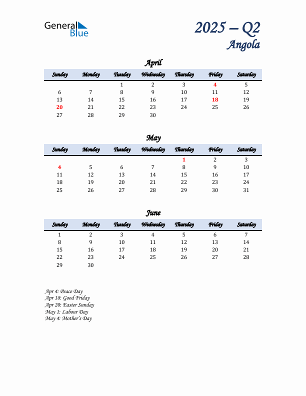 April, May, and June Calendar for Angola with Sunday Start