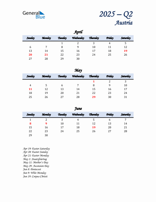 April, May, and June Calendar for Austria with Sunday Start