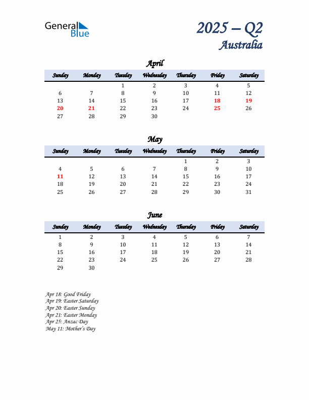 April, May, and June Calendar for Australia with Sunday Start