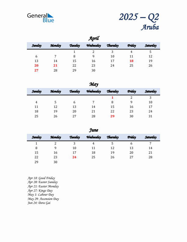 April, May, and June Calendar for Aruba with Sunday Start