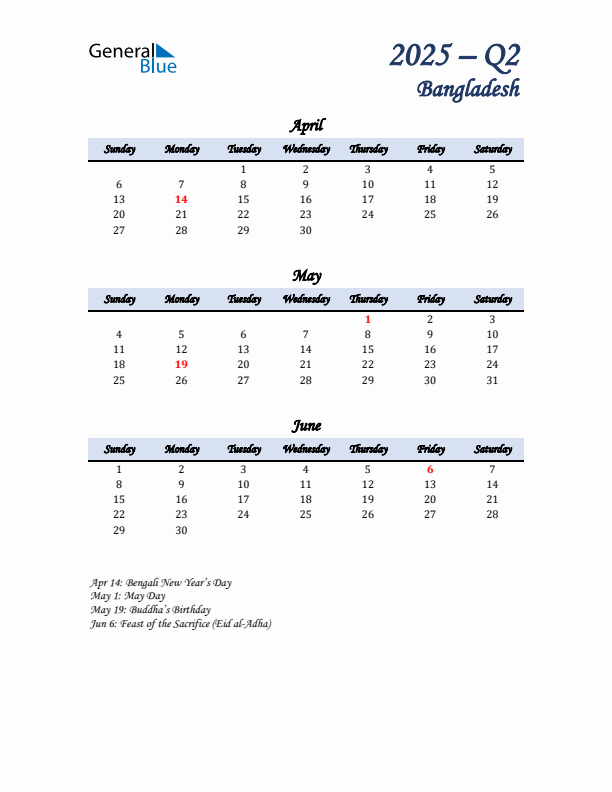 April, May, and June Calendar for Bangladesh with Sunday Start