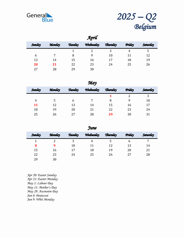 April, May, and June Calendar for Belgium with Sunday Start