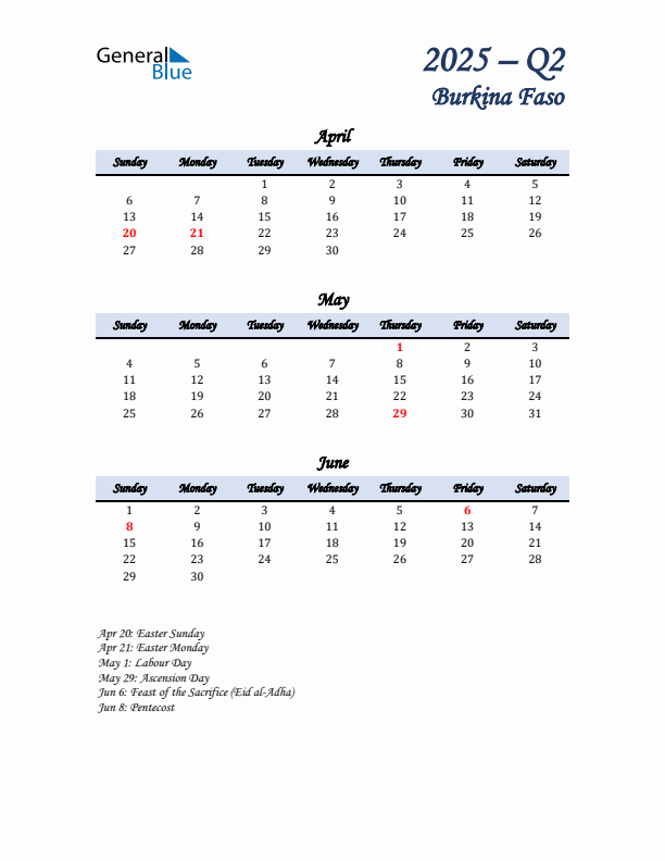 April, May, and June Calendar for Burkina Faso with Sunday Start