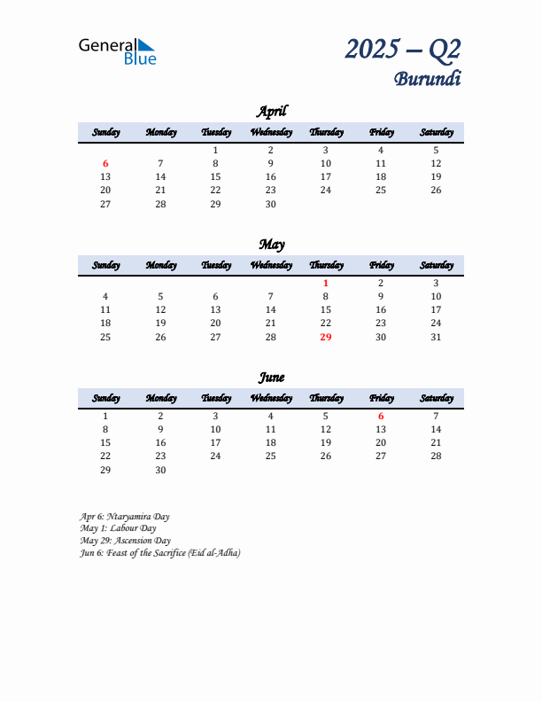 April, May, and June Calendar for Burundi with Sunday Start