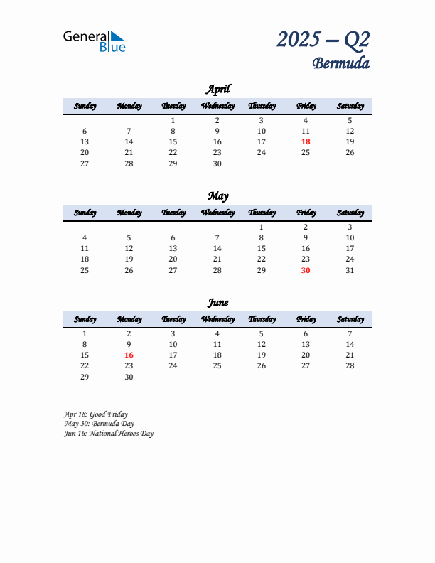 April, May, and June Calendar for Bermuda with Sunday Start