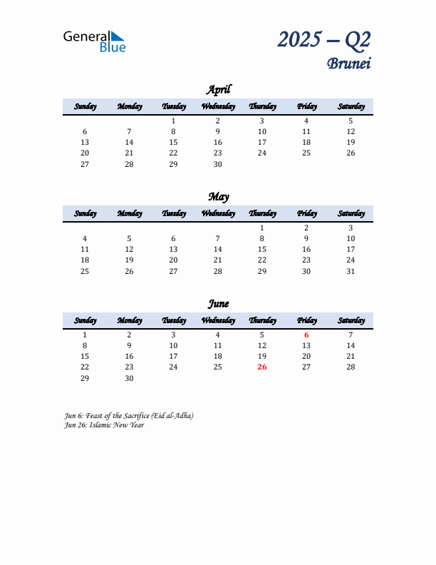 April, May, and June Calendar for Brunei with Sunday Start