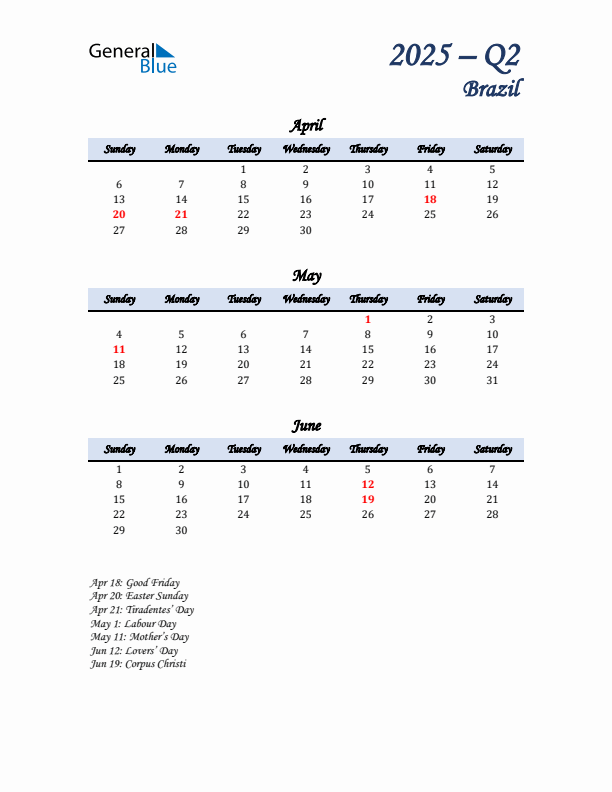 April, May, and June Calendar for Brazil with Sunday Start