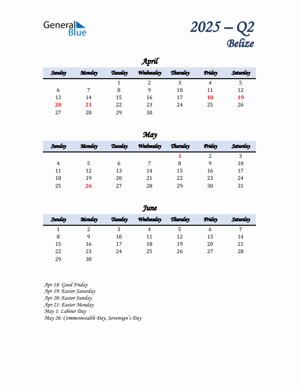 April, May, and June Calendar for Belize with Sunday Start