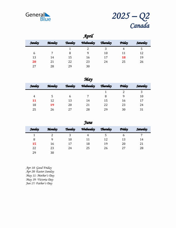 April, May, and June Calendar for Canada with Sunday Start