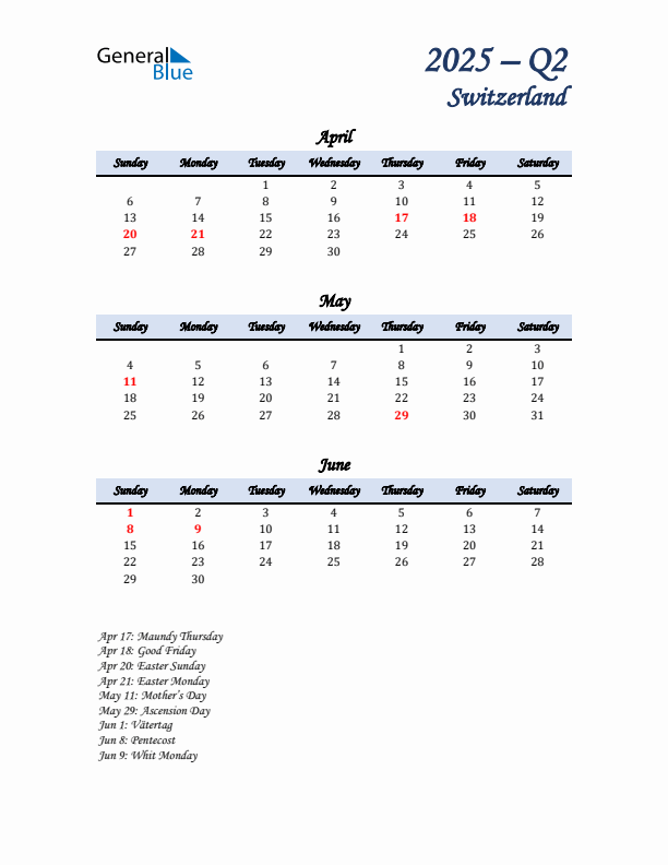 April, May, and June Calendar for Switzerland with Sunday Start