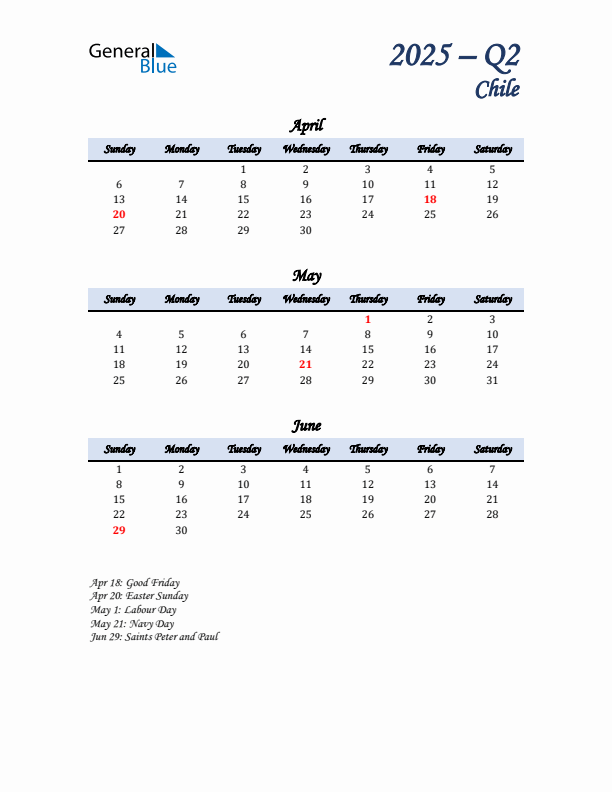 April, May, and June Calendar for Chile with Sunday Start