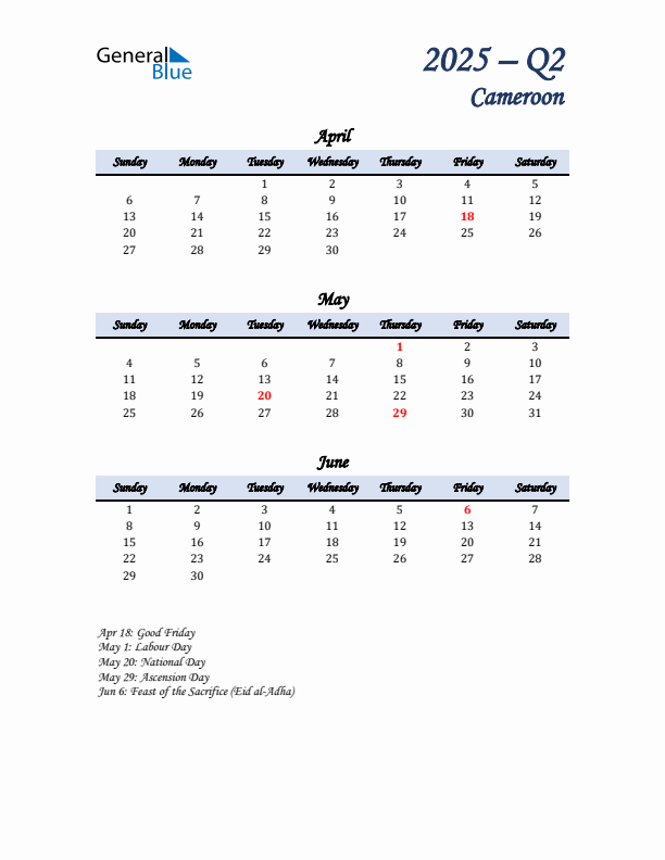 April, May, and June Calendar for Cameroon with Sunday Start