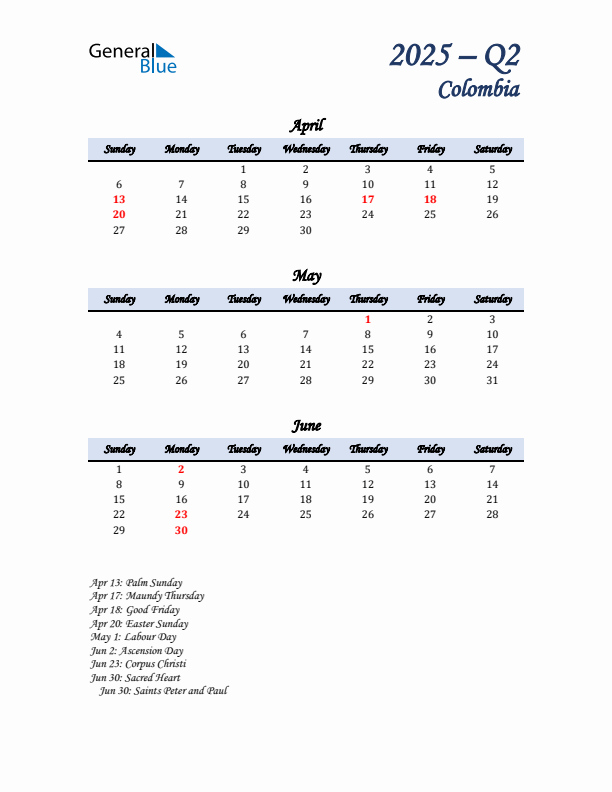 April, May, and June Calendar for Colombia with Sunday Start