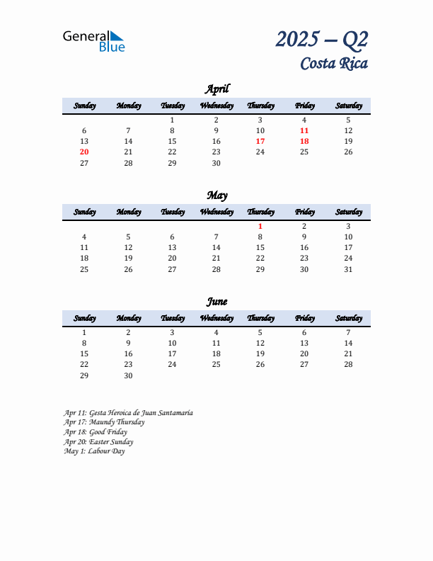 April, May, and June Calendar for Costa Rica with Sunday Start