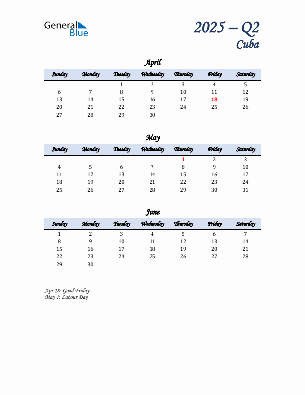 April, May, and June Calendar for Cuba with Sunday Start