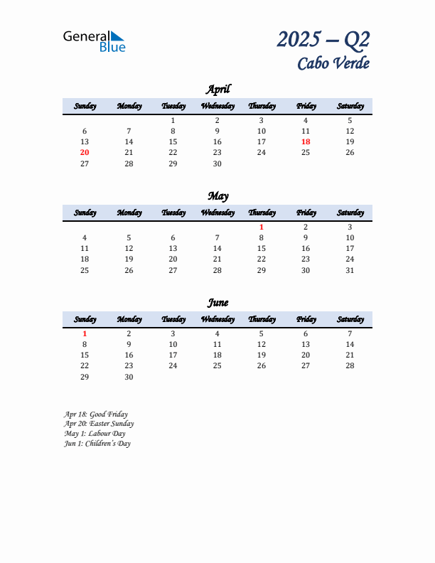 April, May, and June Calendar for Cabo Verde with Sunday Start