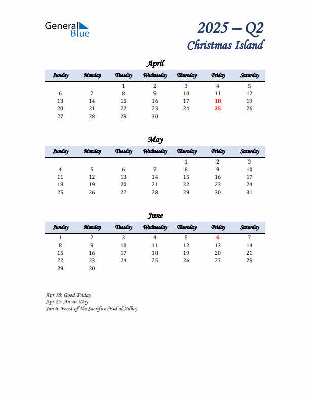 April, May, and June Calendar for Christmas Island with Sunday Start