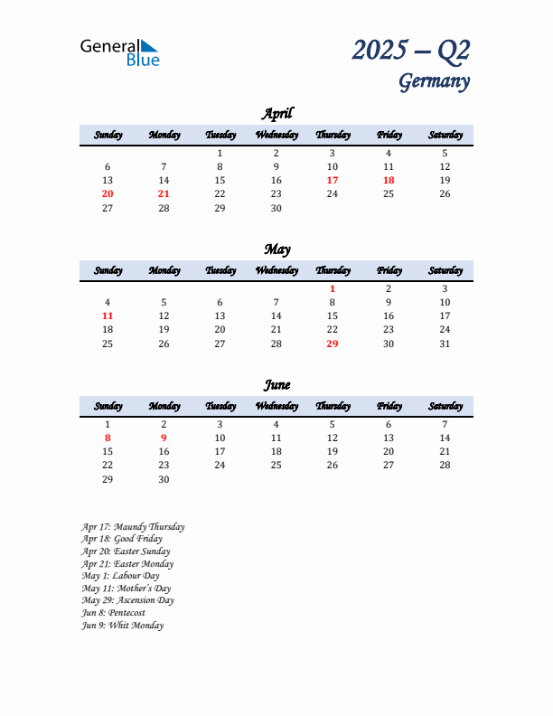 April, May, and June Calendar for Germany with Sunday Start