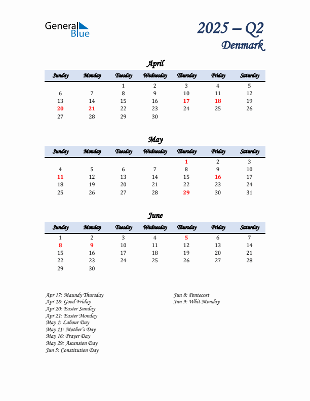 April, May, and June Calendar for Denmark with Sunday Start