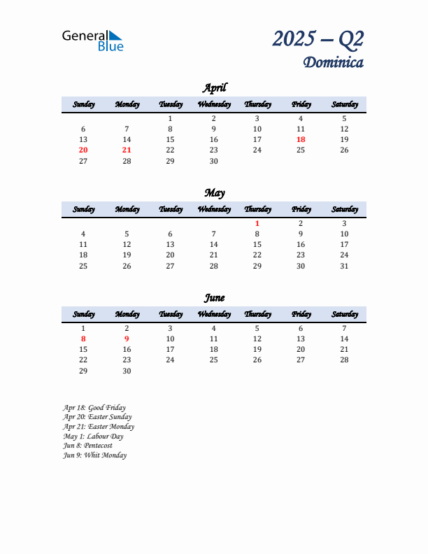 April, May, and June Calendar for Dominica with Sunday Start