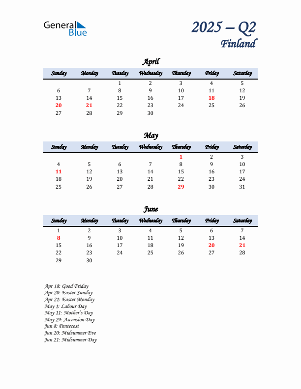 April, May, and June Calendar for Finland with Sunday Start