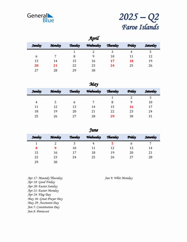 April, May, and June Calendar for Faroe Islands with Sunday Start