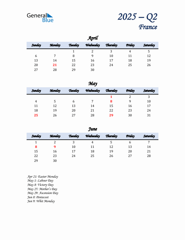 April, May, and June Calendar for France with Sunday Start