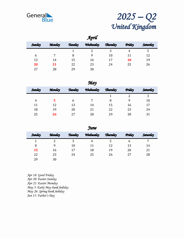 April, May, and June Calendar for United Kingdom with Sunday Start