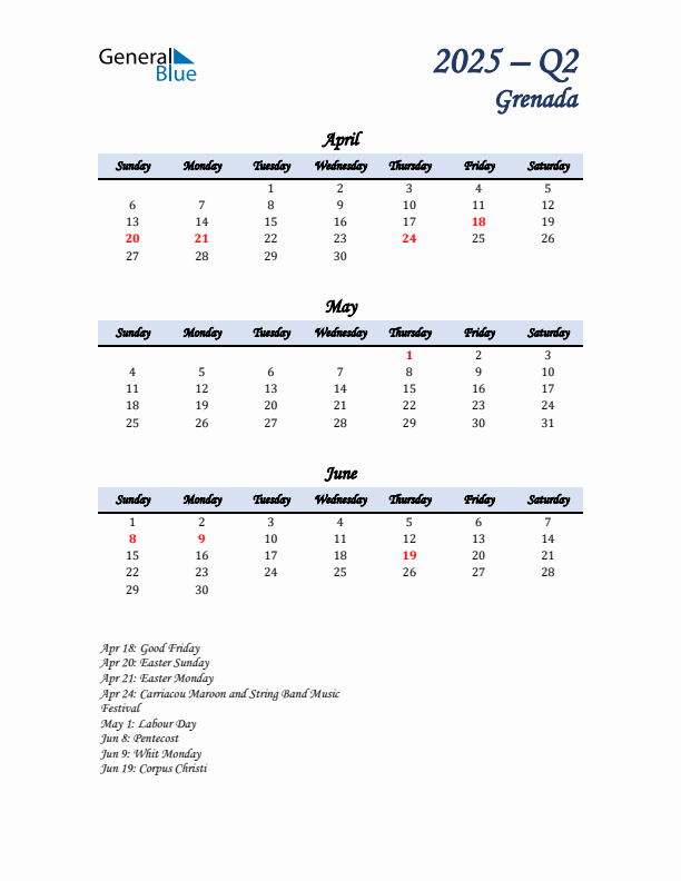 April, May, and June Calendar for Grenada with Sunday Start