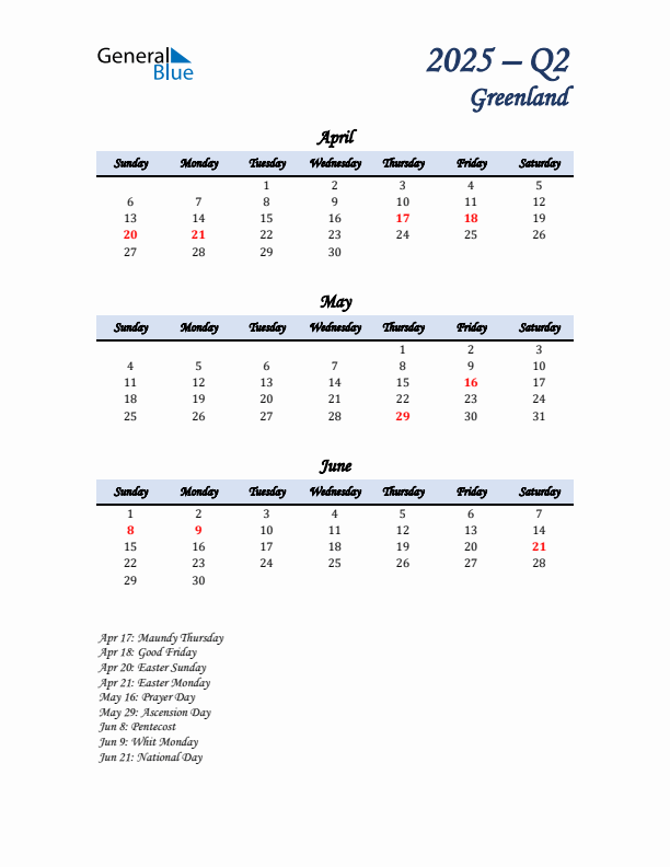 April, May, and June Calendar for Greenland with Sunday Start