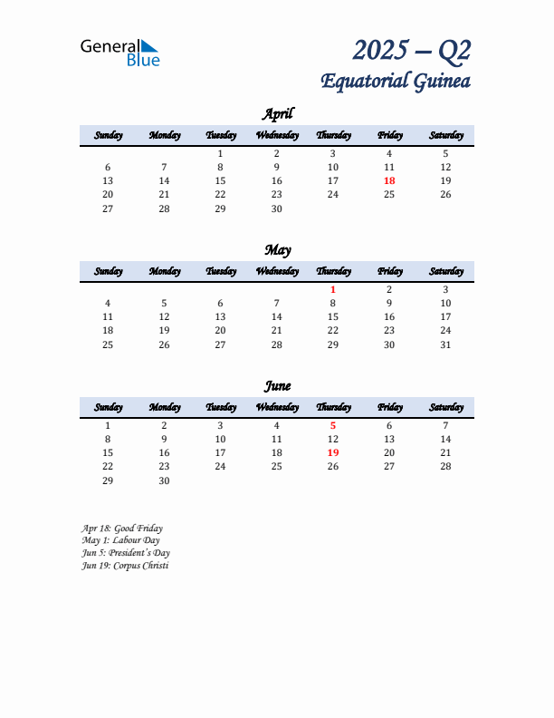 April, May, and June Calendar for Equatorial Guinea with Sunday Start