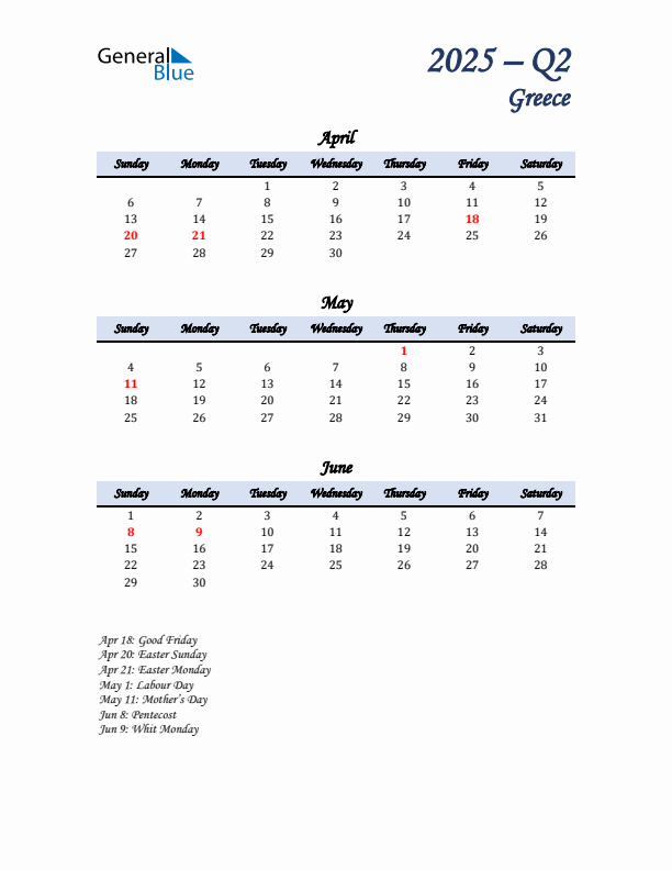 April, May, and June Calendar for Greece with Sunday Start