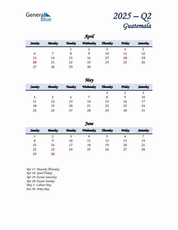 April, May, and June Calendar for Guatemala with Sunday Start