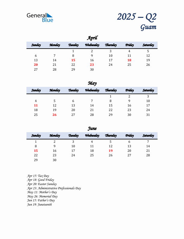 April, May, and June Calendar for Guam with Sunday Start