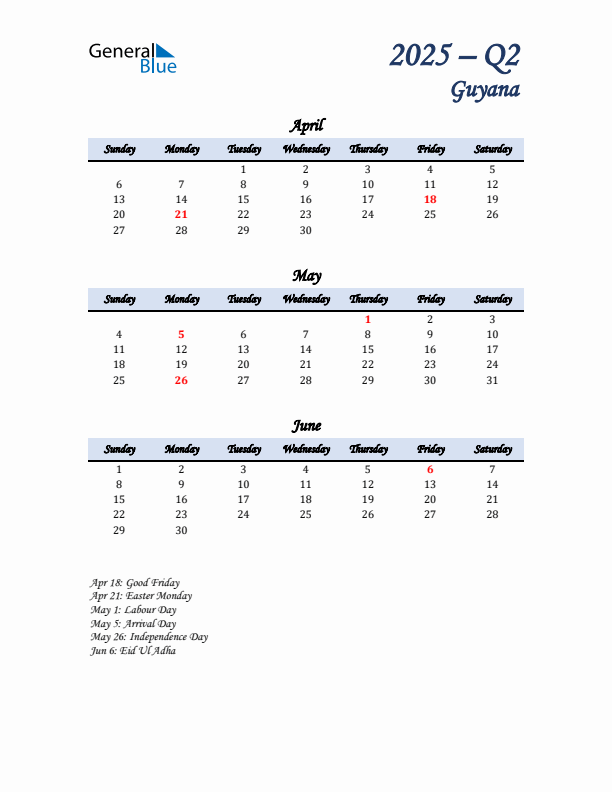 April, May, and June Calendar for Guyana with Sunday Start