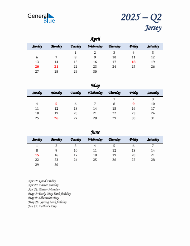 April, May, and June Calendar for Jersey with Sunday Start