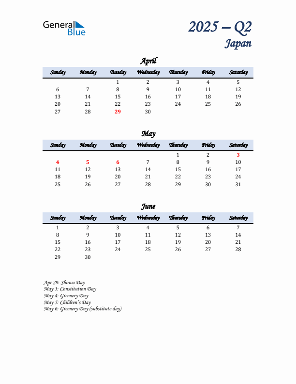 April, May, and June Calendar for Japan with Sunday Start