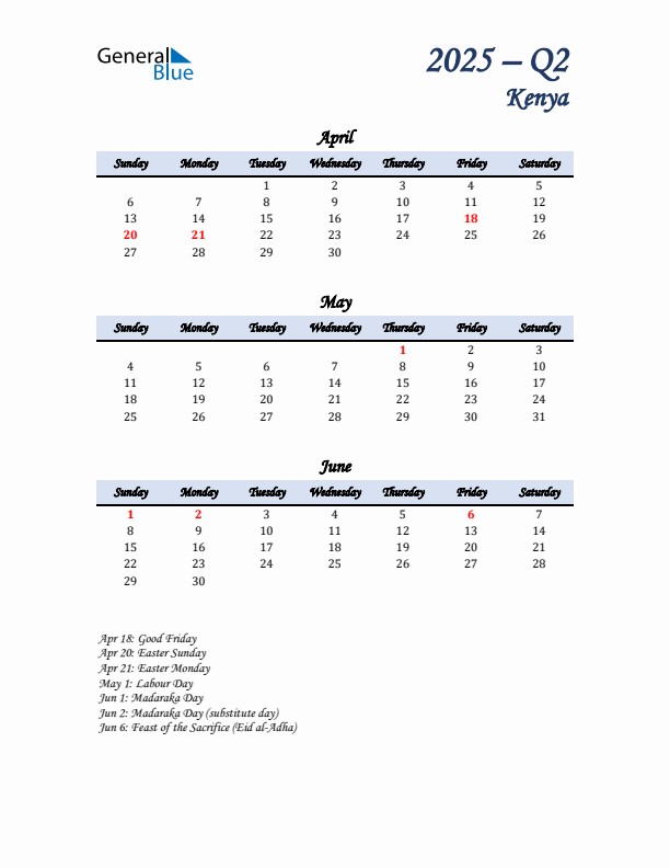 April, May, and June Calendar for Kenya with Sunday Start