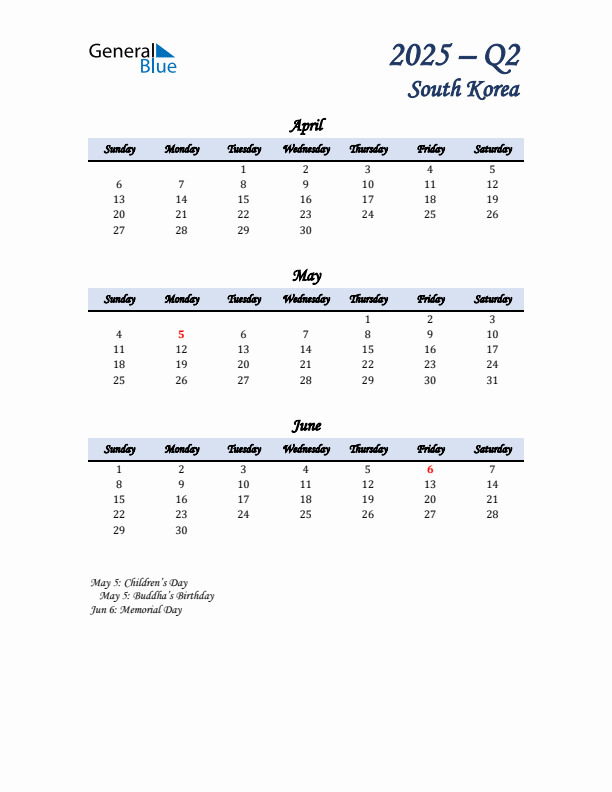 April, May, and June Calendar for South Korea with Sunday Start