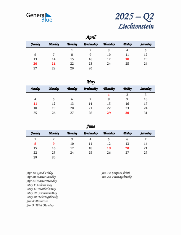 April, May, and June Calendar for Liechtenstein with Sunday Start