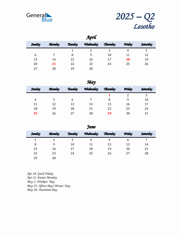 April, May, and June Calendar for Lesotho with Sunday Start