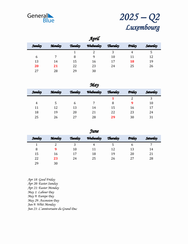 April, May, and June Calendar for Luxembourg with Sunday Start