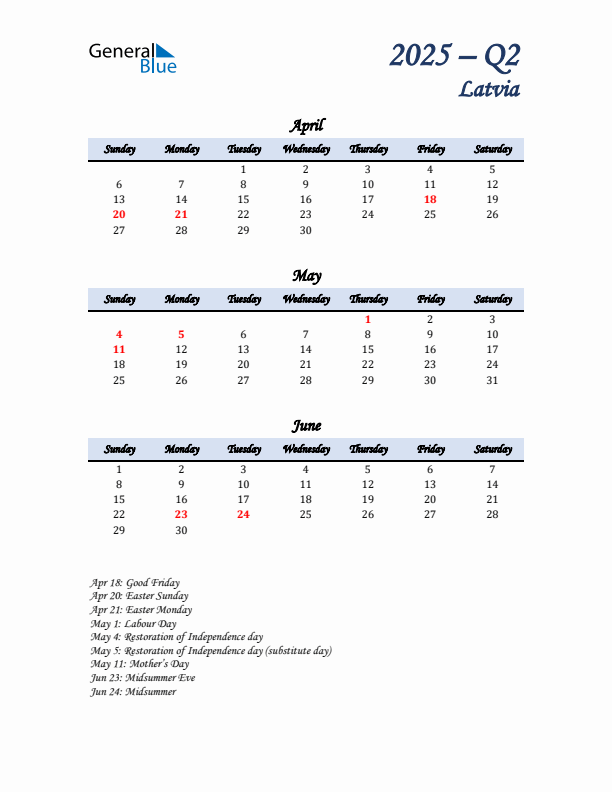 April, May, and June Calendar for Latvia with Sunday Start