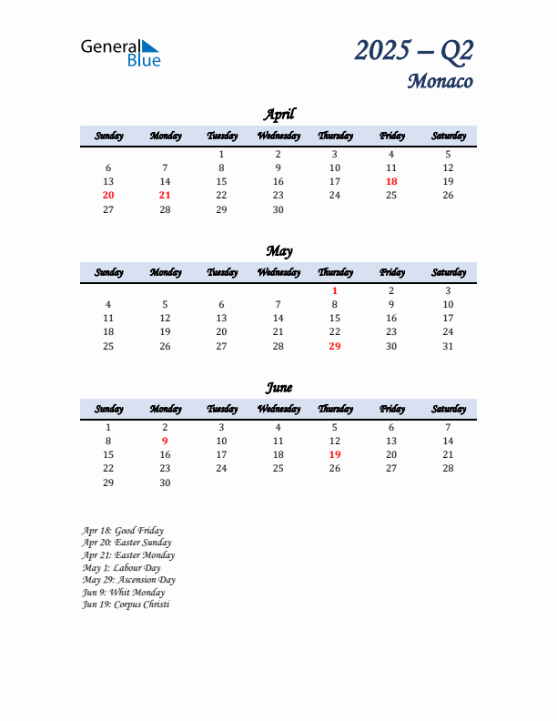 April, May, and June Calendar for Monaco with Sunday Start