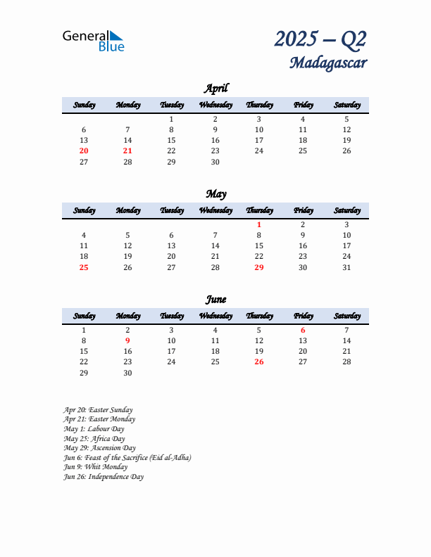 April, May, and June Calendar for Madagascar with Sunday Start