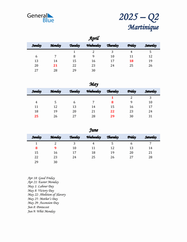 April, May, and June Calendar for Martinique with Sunday Start