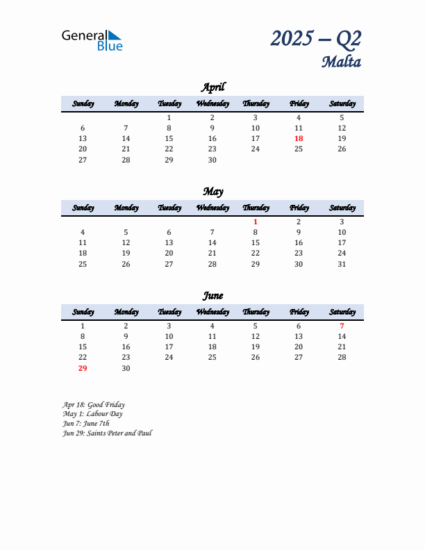 April, May, and June Calendar for Malta with Sunday Start