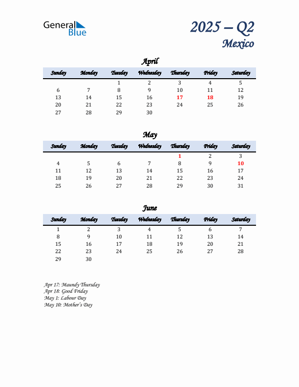 April, May, and June Calendar for Mexico with Sunday Start